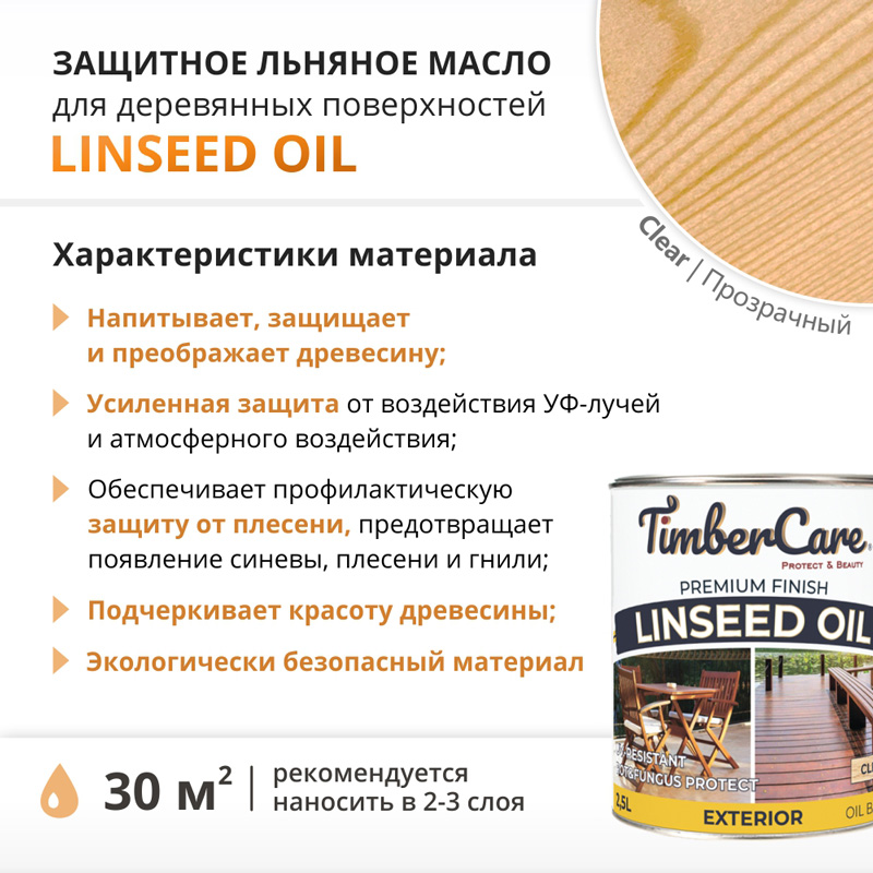 Масло льняное TimberCare Linseed Oil д/наружных работ (цвет: прозрачный), банка 0,75л